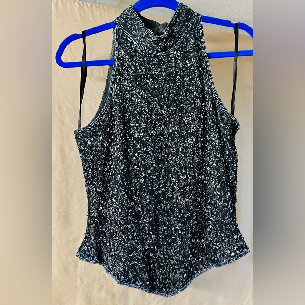Papell Boutique Evening Silk Beaded Halter Top